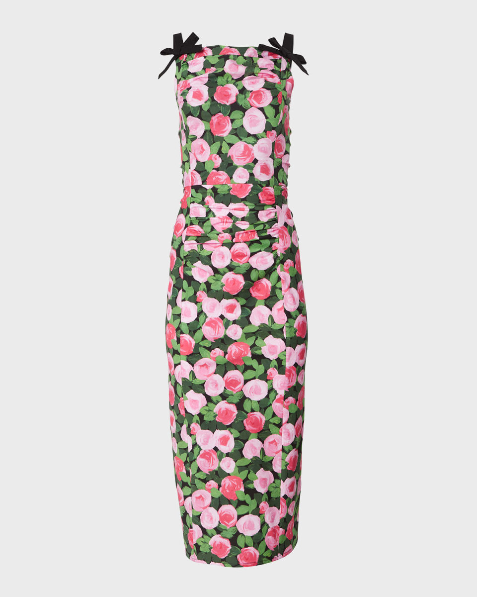 Rose-Print Bow Strap Midi Dress